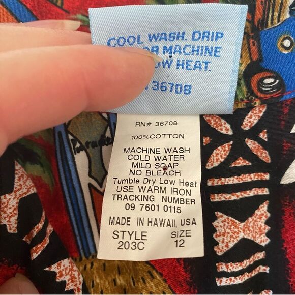 RJC Hawaiian Shirt Aloha Cotton Wood Buttons Made in USA Youth Sz 12 - Picture 10 of 11